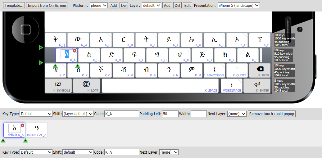Keyboard Editor - Touch Layout tab, Design view closeup