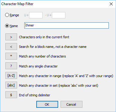 Character Map Filter dialog