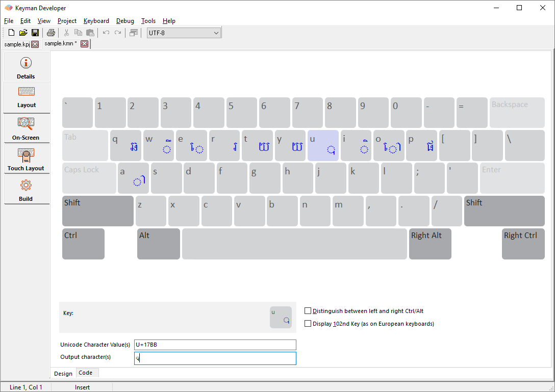 Keyboard Editor - Layout tab, Design view