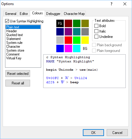 Options dialog - Colours tab