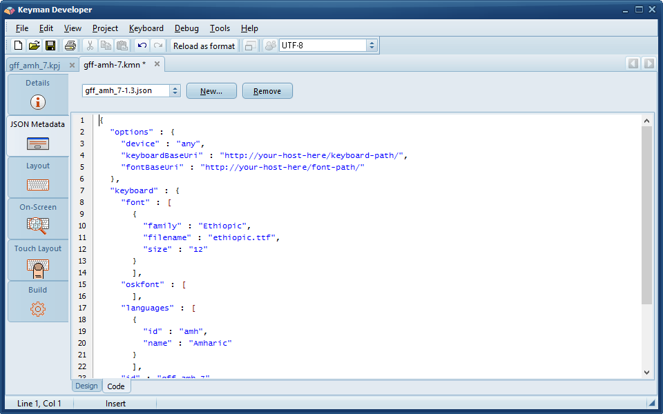 Keyboard Editor - JSON Metadata tab, Code view