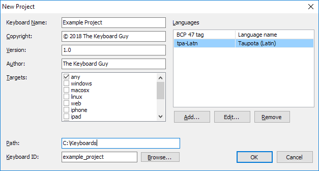 New Project Parameters dialog