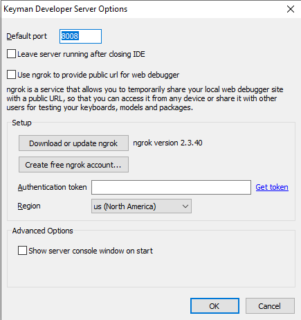 Keyman Developer Server Options dialog