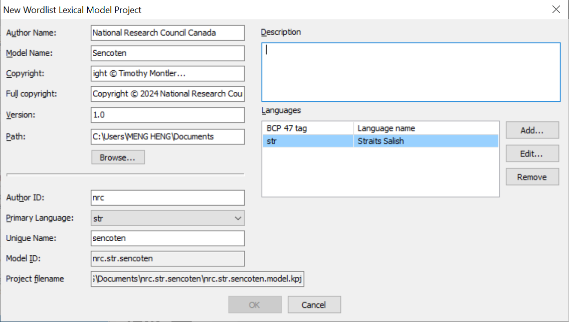 New Lexical Model Project Parameters dialog