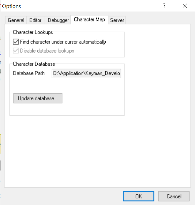Options dialog - Character Map tab