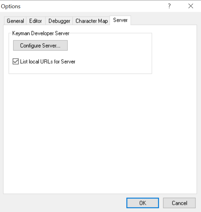 Options dialog - Server tab