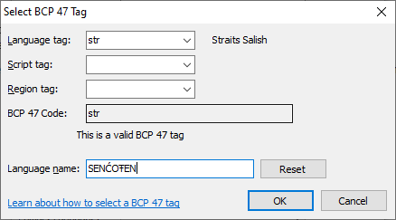 Select BCP 47 Tag dialog