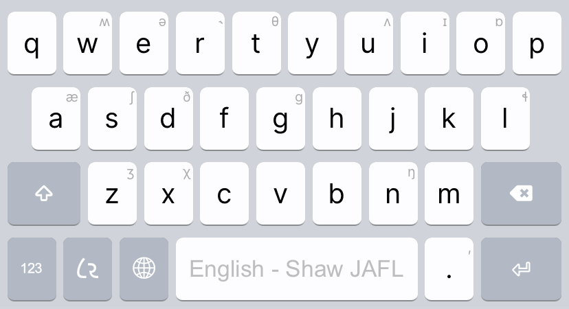 An image of the default Latin alphabet layer of the Shaw Imperial smart phone keyboard layout.