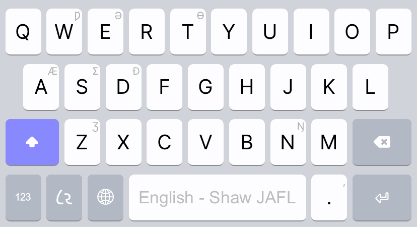 An image of the SHIFT Latin alphabet layer of the Shaw Imperial smart phone keyboard layout.