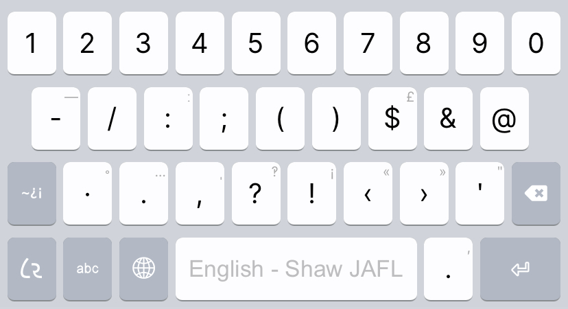 An image of the numbers layer of the Shaw JAFL smart phone keyboard layout.