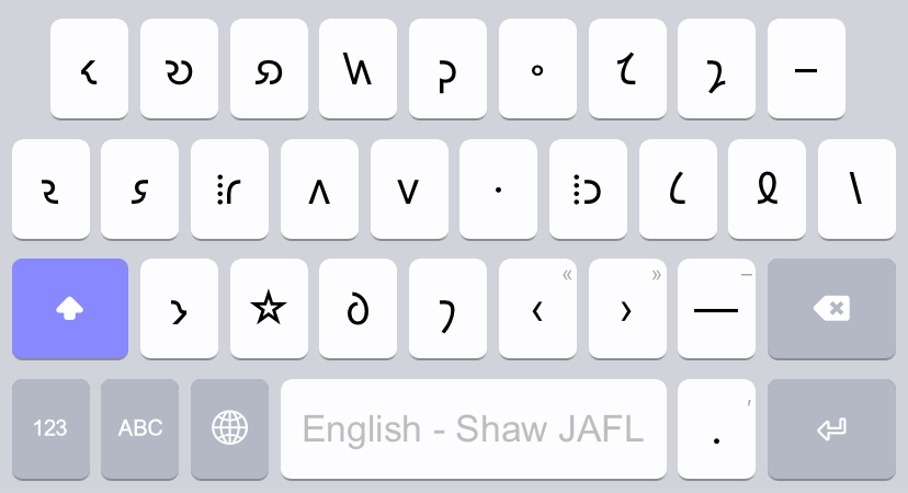 The SHIFT layer of the Shaw JAFL smart phone keyboard layout.