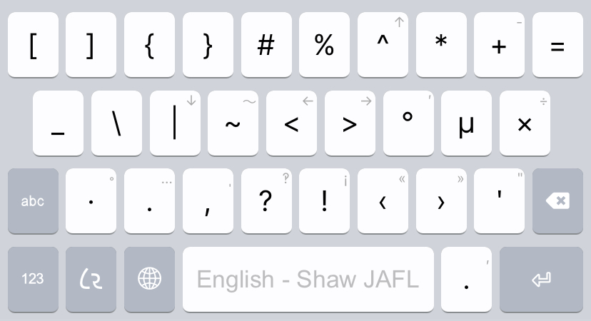 An image of the symbols layer of the Shaw JAFL smart phone keyboard layout.