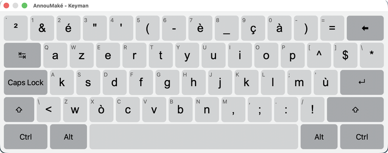 Le clavier AnnouMaké affiché à l'écran : Q donne k, X donne ò
