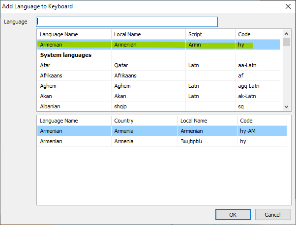 Add language to the Armernian Keyman keyboard